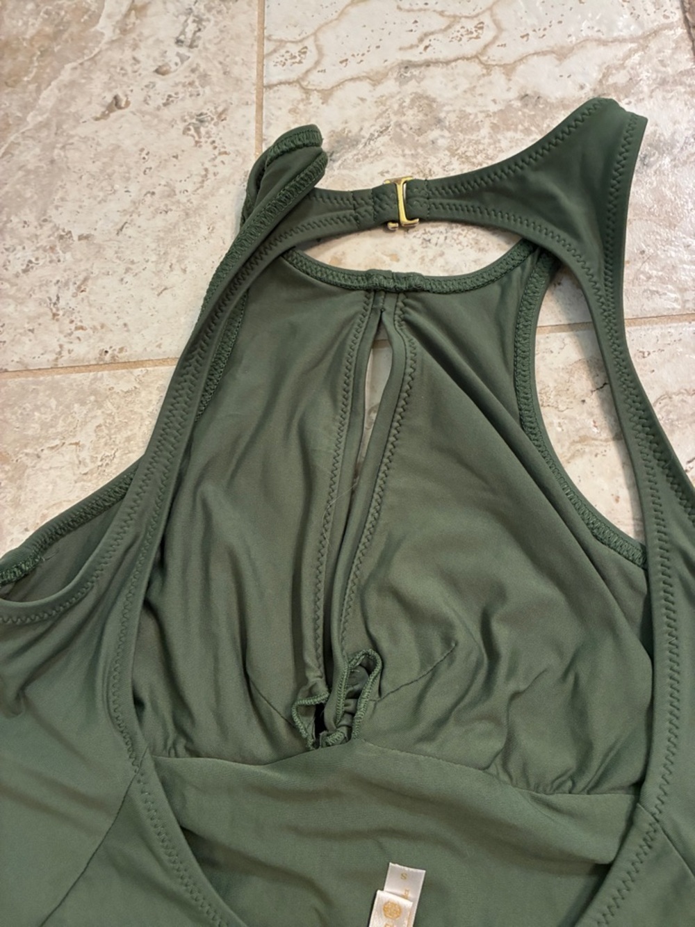 Helen Jon Olive Green One-Piece Swimsuit with Gold Logo No Padding SZ S - Picture 6 of 7